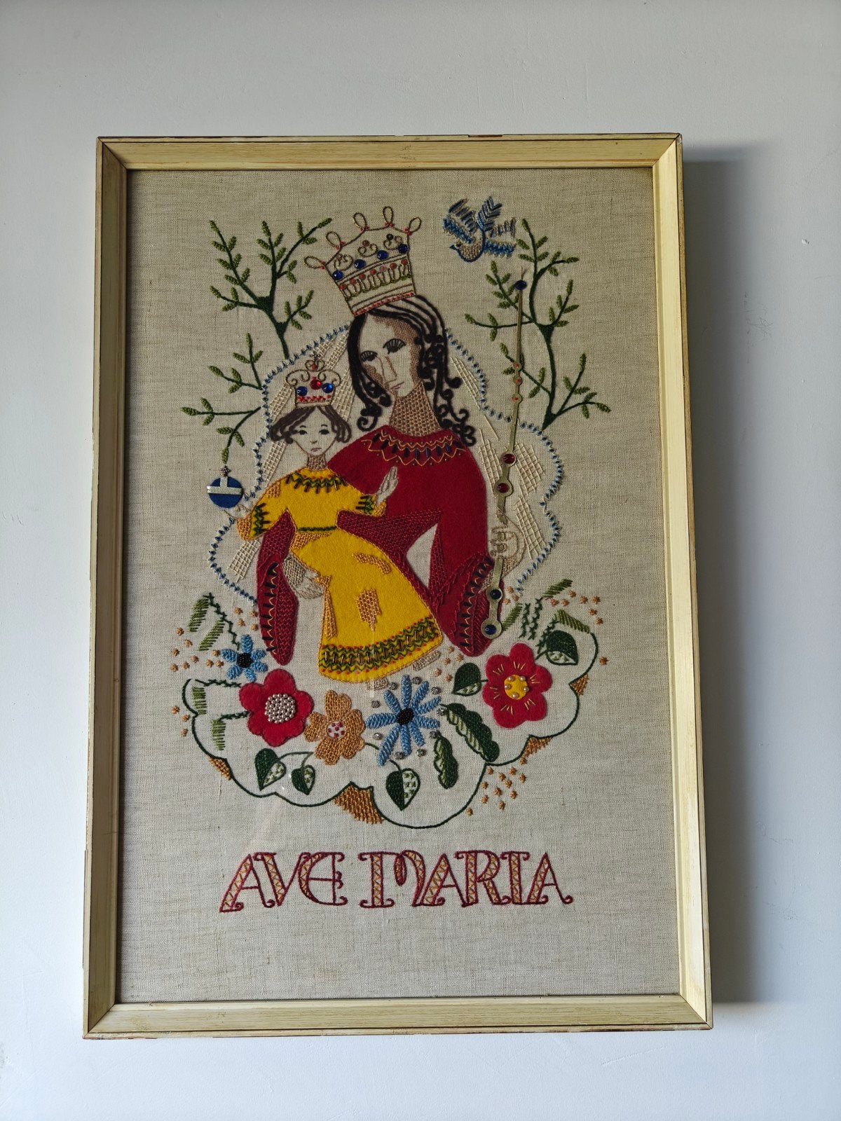 Geborduurd schilderij 'Ave Maria' - Vintage handwerk, Antiek en Kunst, Antiek | Religie, Ophalen