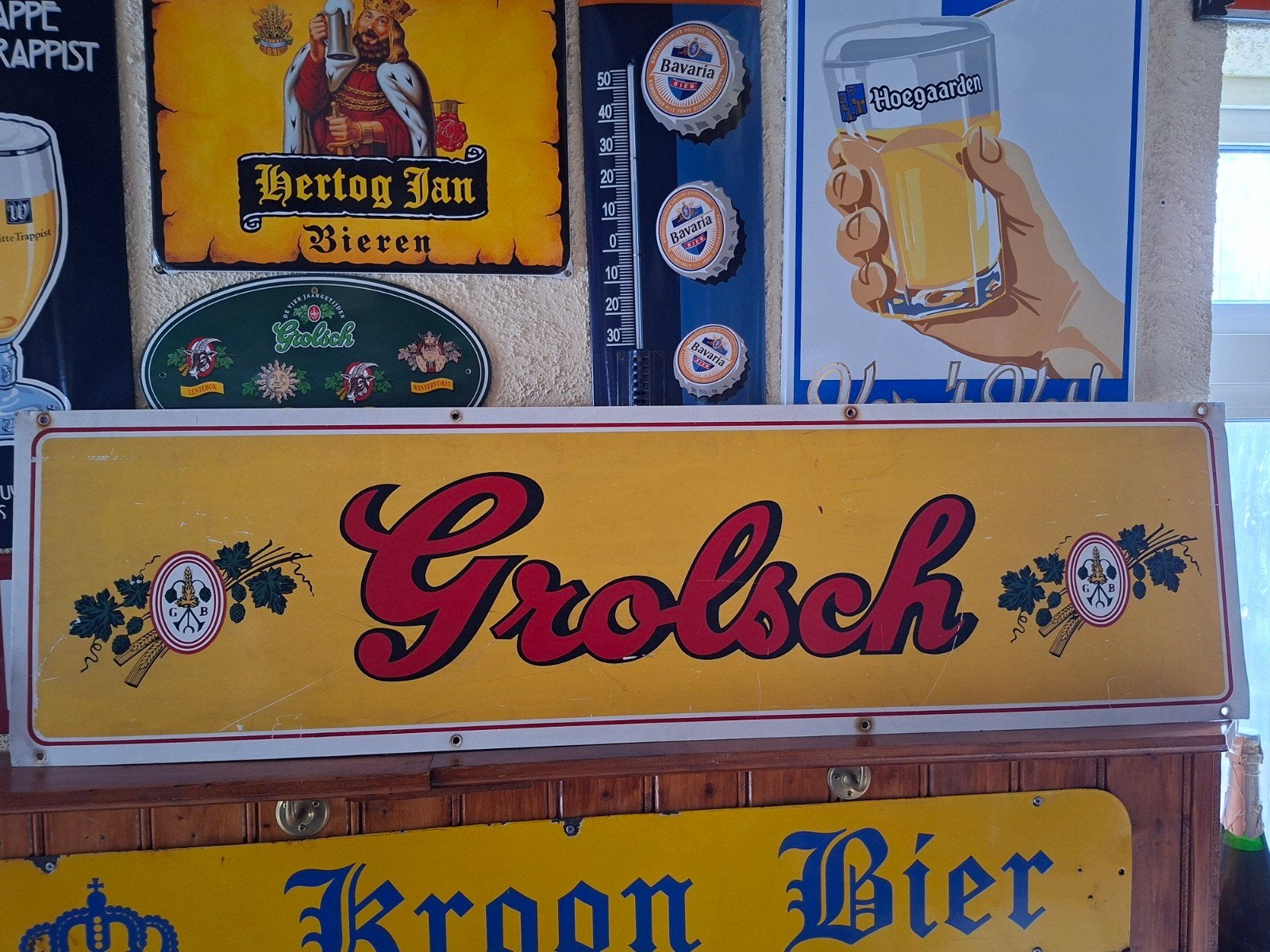 Vintage Grolsch Bier Bord - Geel met Rood Logo, Ophalen