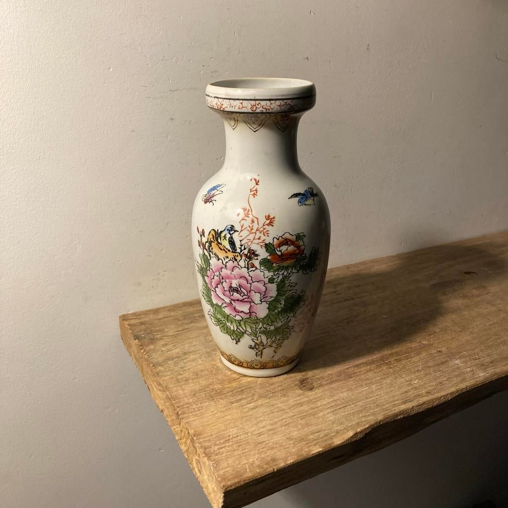 Vintage Chinese Vaas met Vogels en Bloemen - 20 cm, Ophalen of Verzenden