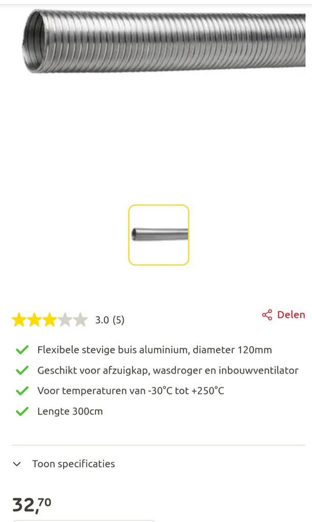Flexibele aluminium afvoerbuis voor afzuigkap, 120mm, 3m, Witgoed en Apparatuur, Afzuigkappen, Ophalen of Verzenden