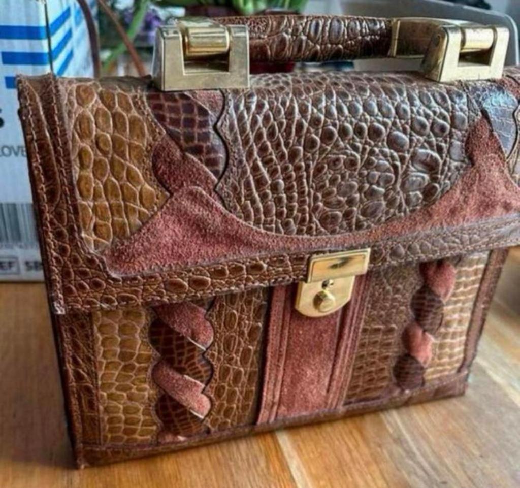 Vintage slangen lederen dames tas met meerdere vakken, Ophalen of Verzenden, Gebruikt, Leer