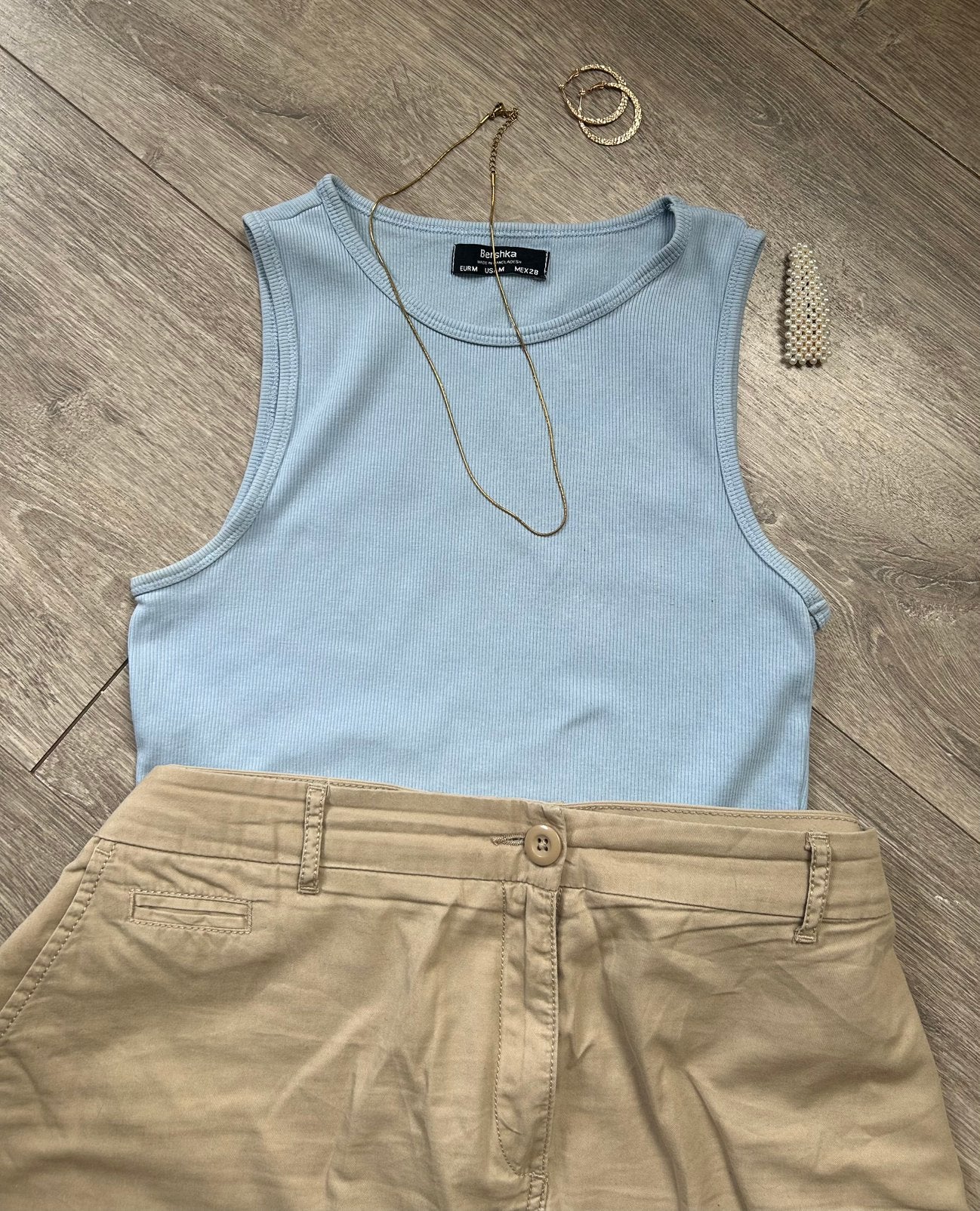 Bershka lichtblauwe rib top maat M – cropped, Ophalen of Verzenden, Zo goed als nieuw