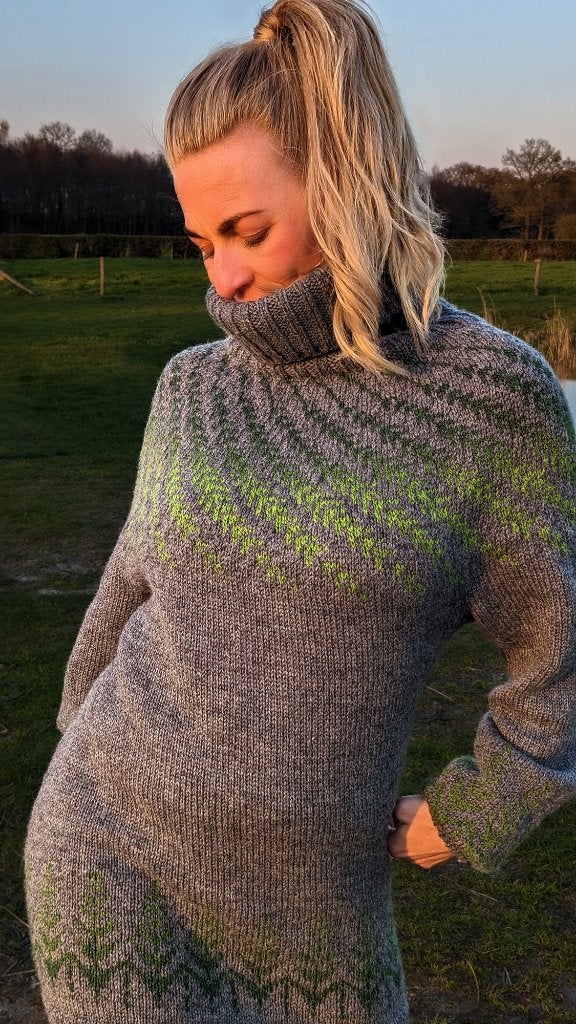 Naadloze(!) 100% handgebreide wollen trui, grijs met groen, Maat 38/40 (M), Nieuw, Ophalen of Verzenden, Handgemaakt