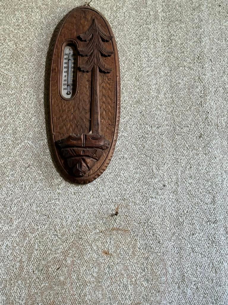 Antieke houten thermometer met boommotief, Ophalen, Gebruikt, Binnenthermometer