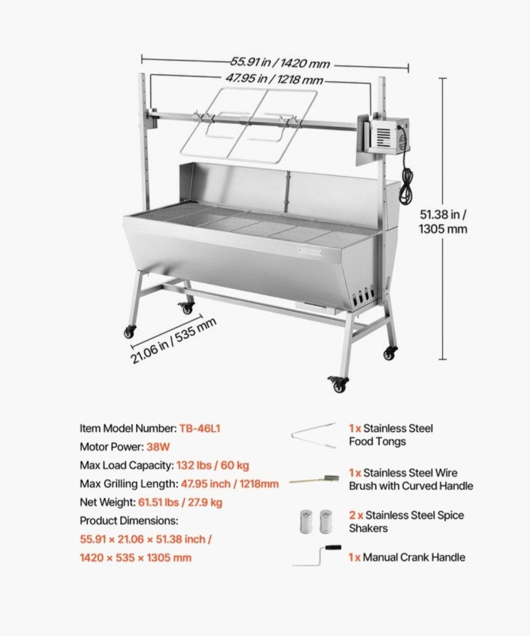 Nieuwe RVS Draaispit BBQ / Rotisserie 121,8 cm – 38W – 60 kg, Ophalen of Verzenden, Nieuw