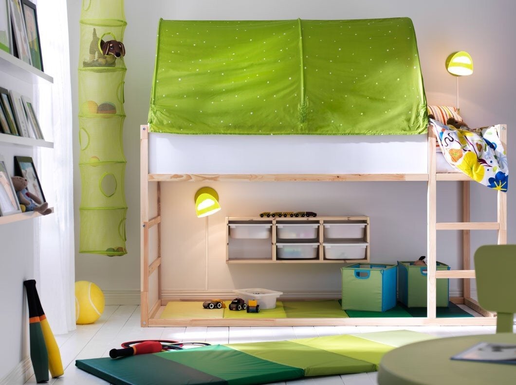 Bedtent Ikea groen en blauw met reserve stokken, Ophalen, Gebruikt