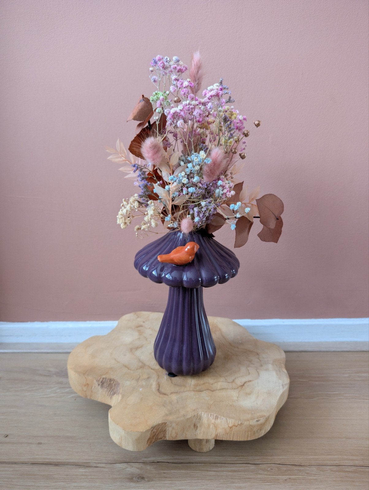 Nieuwe paddestoel vaas met droogbloemen boeket, Ophalen of Verzenden, Nieuw, Inclusief droogbloemen, Meerkleurig
