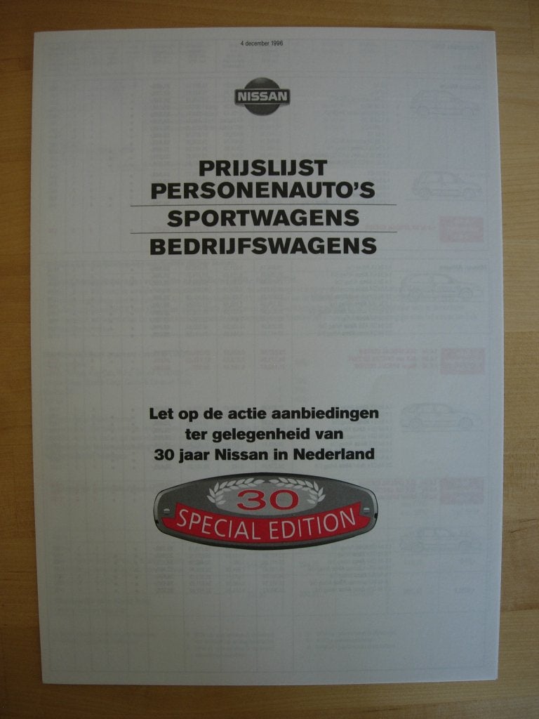 Nissan Prijslijst Brochure 1996 – 200SX Patrol Terrano Micra, Ophalen of Verzenden, Zo goed als nieuw, Nissan, NISSAN