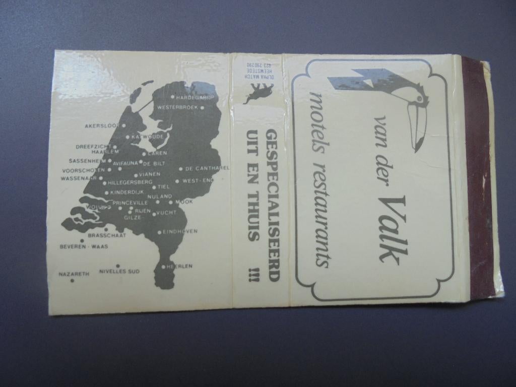 Oud lucifermerk Motel Van der Valk o.a. Gilze Rijen, De Bilt, Verzamelen, Ophalen of Verzenden, Zo goed als nieuw, Luciferdoosjes of -merken