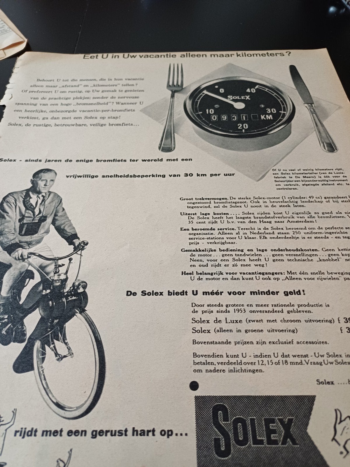 advertentie van Solex bromfiets  kilometers 1956, Verzamelen, Ophalen of Verzenden, Zo goed als nieuw, Overige typen