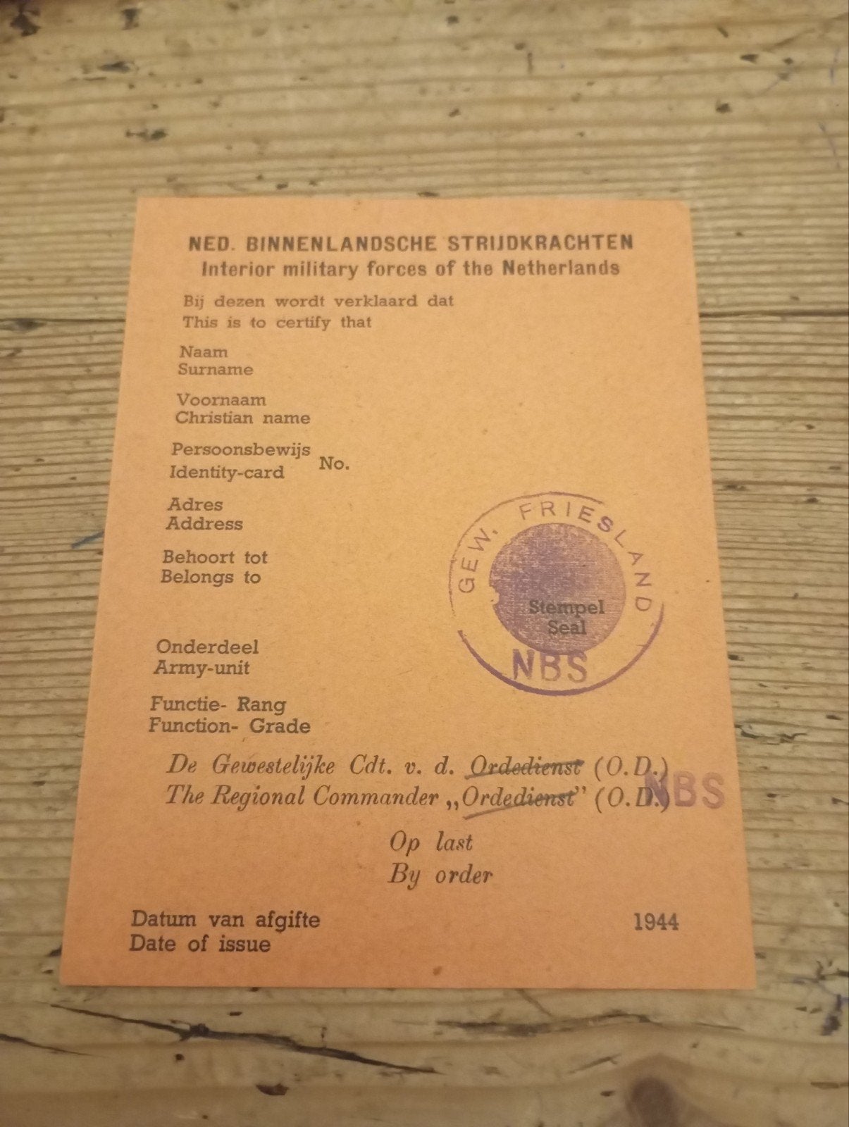 Vintage NBS ned.binnenlandsche Strijdkrachten 1944, Ophalen of Verzenden, Overige soorten, Nederland, Foto of Poster