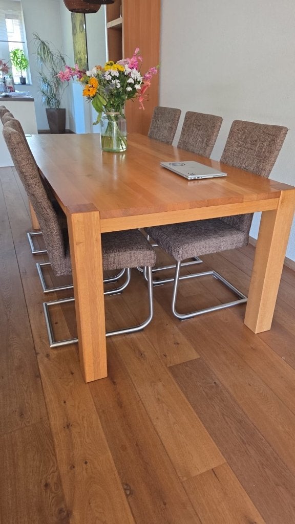 Eiken eettafel met 6 stoelen,, Ophalen, Gebruikt, 100 tot 150 cm, Eikenhout