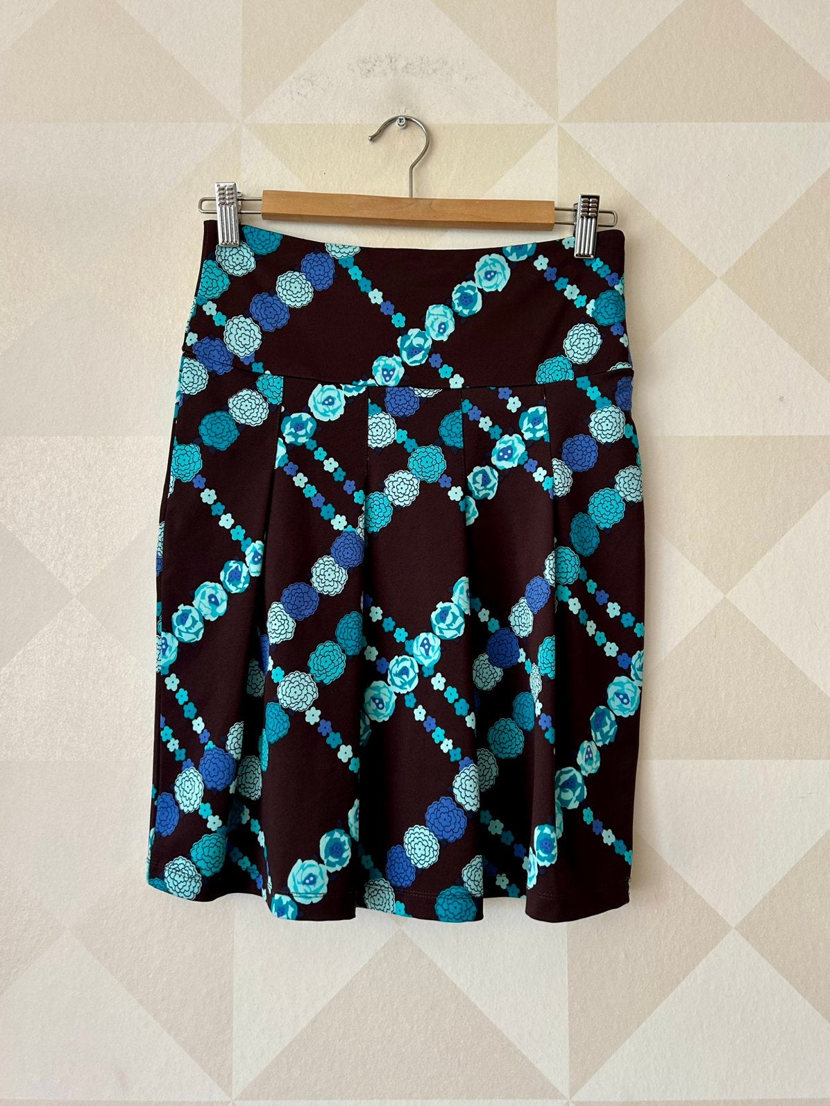King Louie Tulip Skirt bruin blauw bloem S/36 zgan, Bruin, Ophalen of Verzenden, Zo goed als nieuw, Knielengte