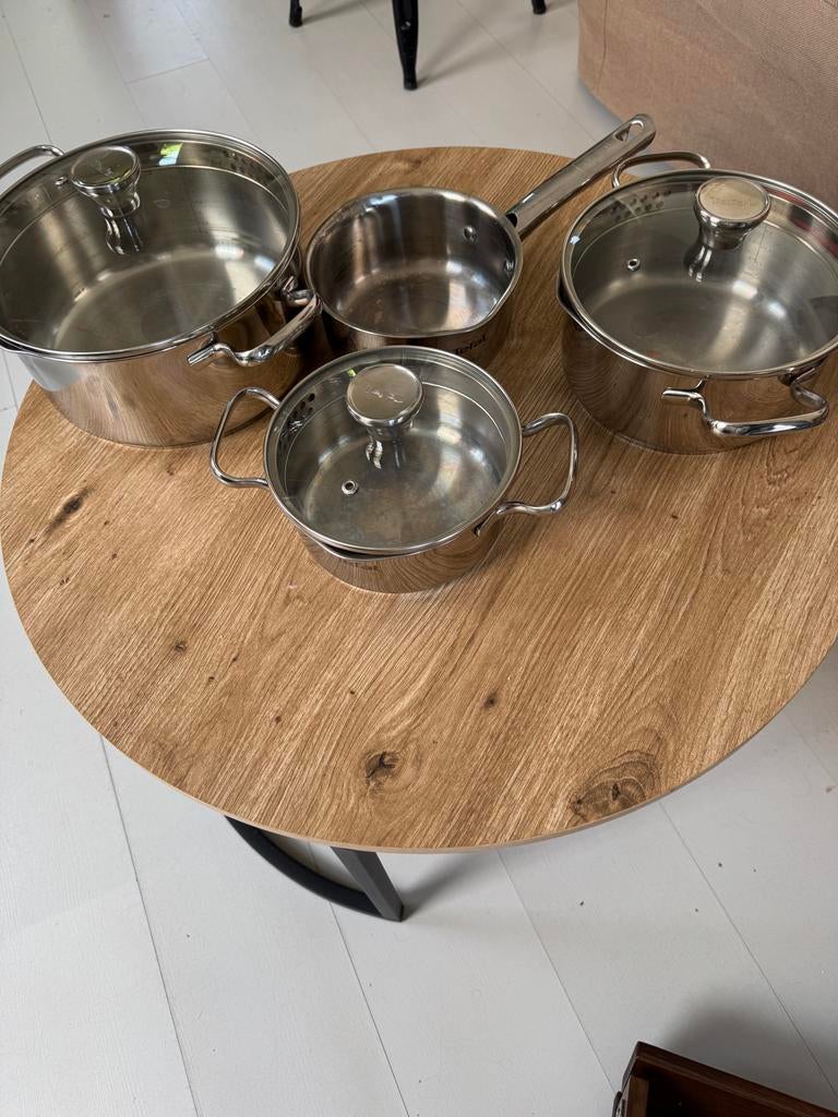 Tefal Pannenset - 4-delig RVS met glazen deksels, Ophalen, Gebruikt, Inductieplaat, Pannenset