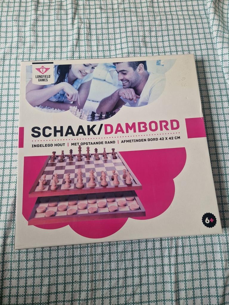 Schaak/Dambord Inegelegd Hout 42x42cm, Een of twee spelers, Ophalen of Verzenden, Zo goed als nieuw, Longfield Games