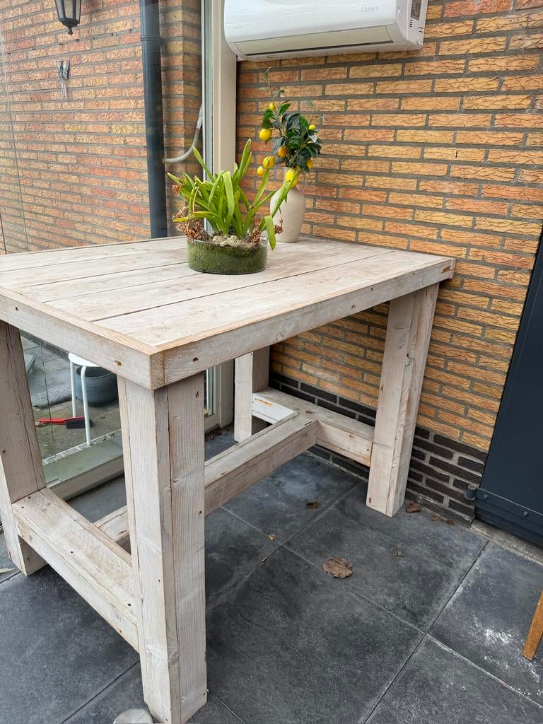 Steigerhouten Bartafel incl 4 barstoelen met kussen, Ophalen of Verzenden, Zo goed als nieuw, Rechthoekig, Hout