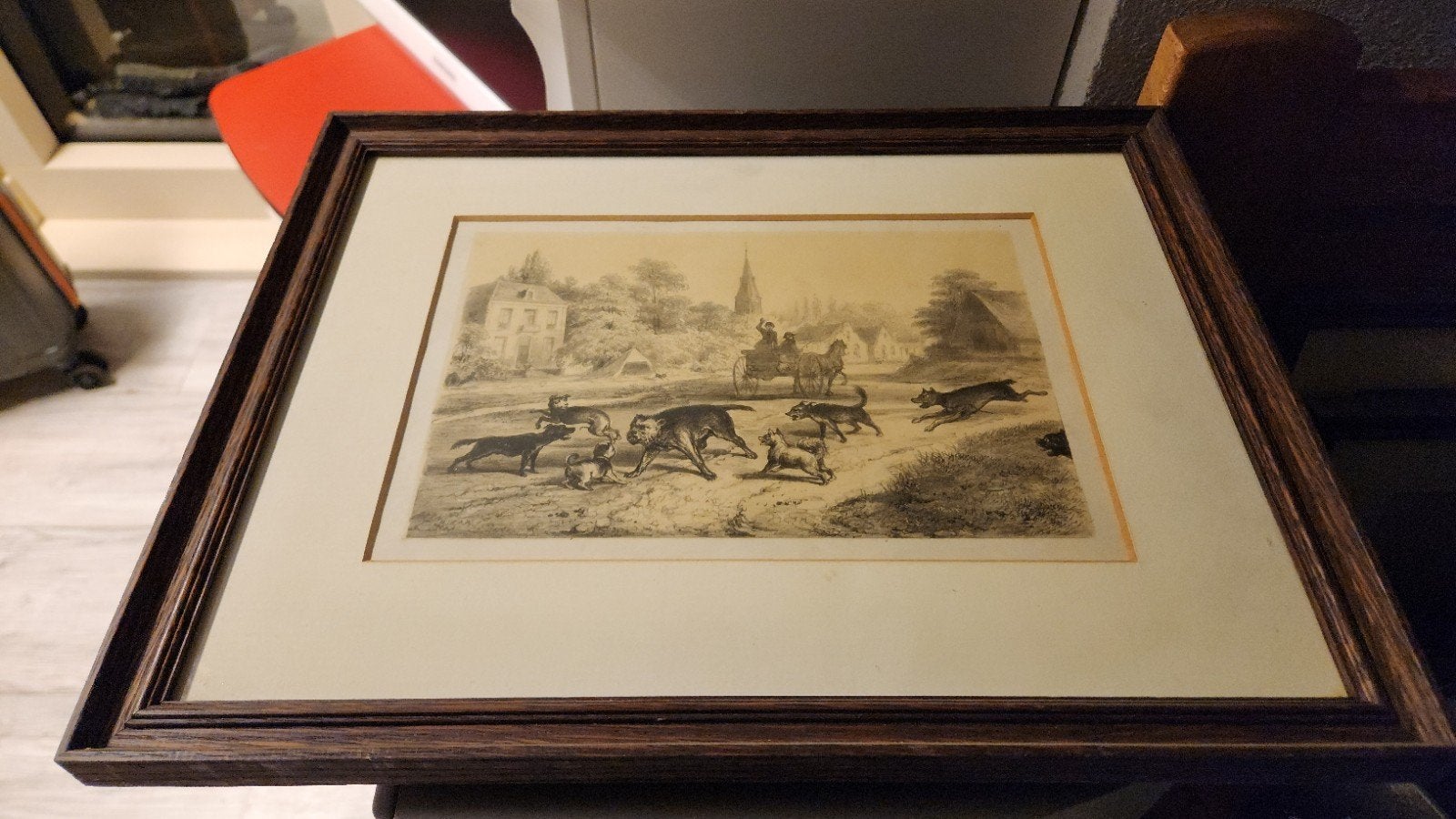 Antieke Gravure: Jachttafereel met Honden en Koets, Antiek en Kunst, Ophalen