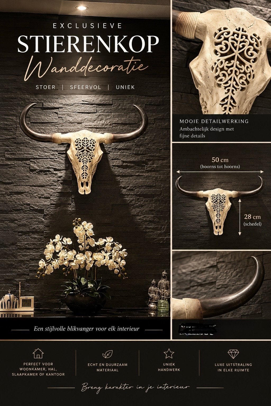 Decoratieve schedel met horens - 50cm breed, 28cm hoog, Meerkleurig, Overige stijlen, Nieuw, Kunststof