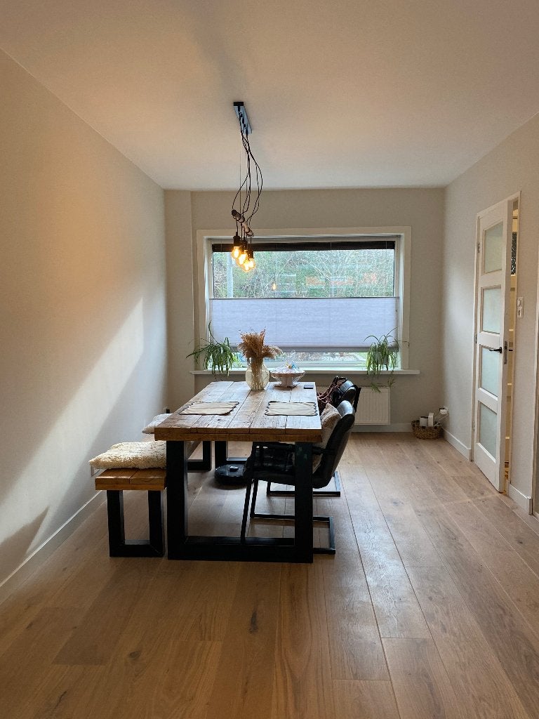Eettafel hout en eetkamerbankje 180cm, Ophalen, Eikenhout, 50 tot 100 cm, Zo goed als nieuw