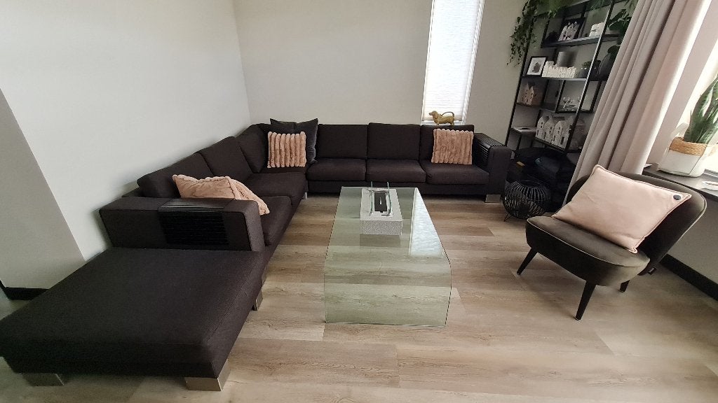 Hoekbank antraciet/zwart, plus 2 hockers, Huis en Inrichting, Ophalen, 250 tot 300 cm, Gebruikt, Hoekbank