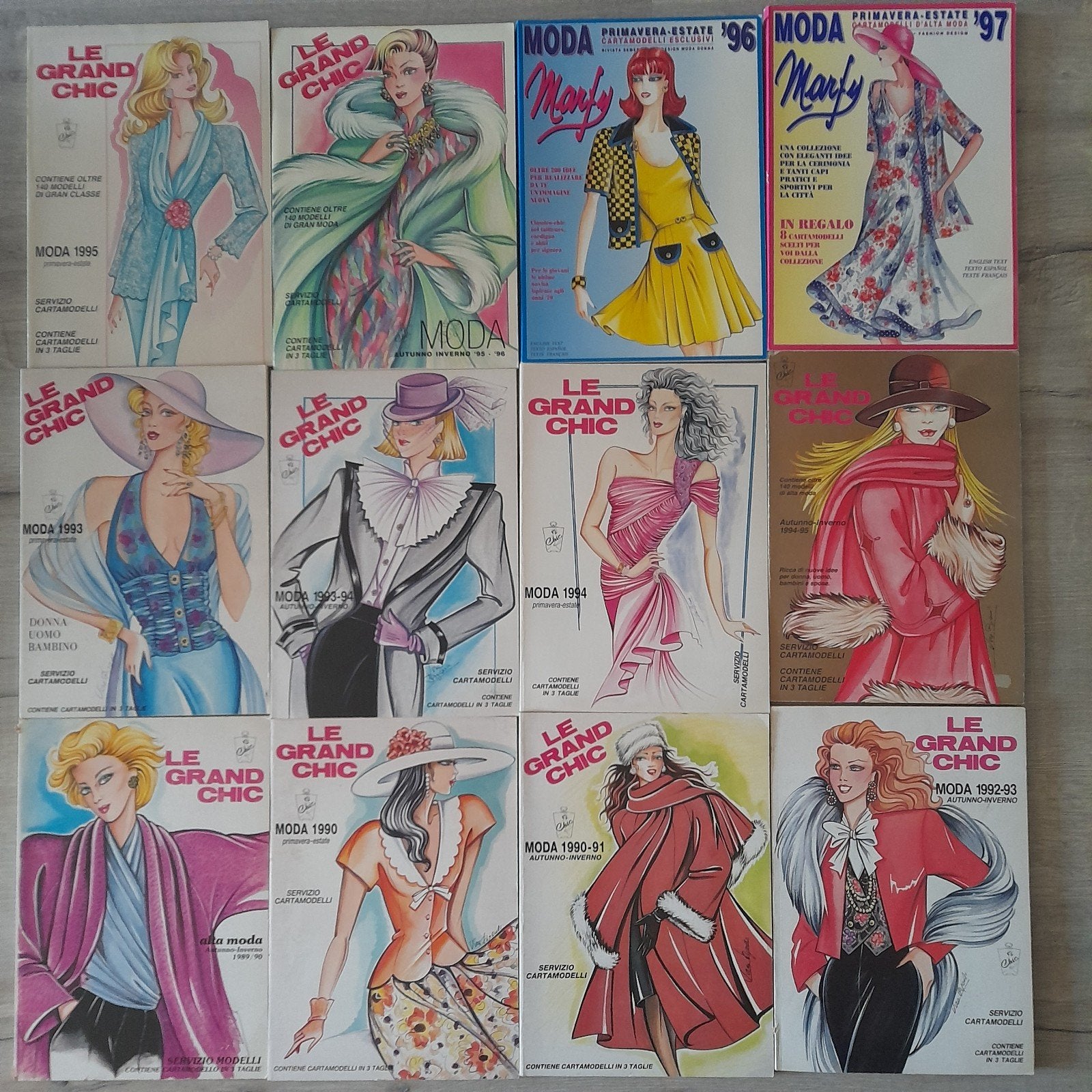 12 Vintage Italiaanse modebladen La grand chic Moda 1989 -, Ophalen of Verzenden, Zo goed als nieuw, Mode algemeen, La grand chic - Moda Marfy