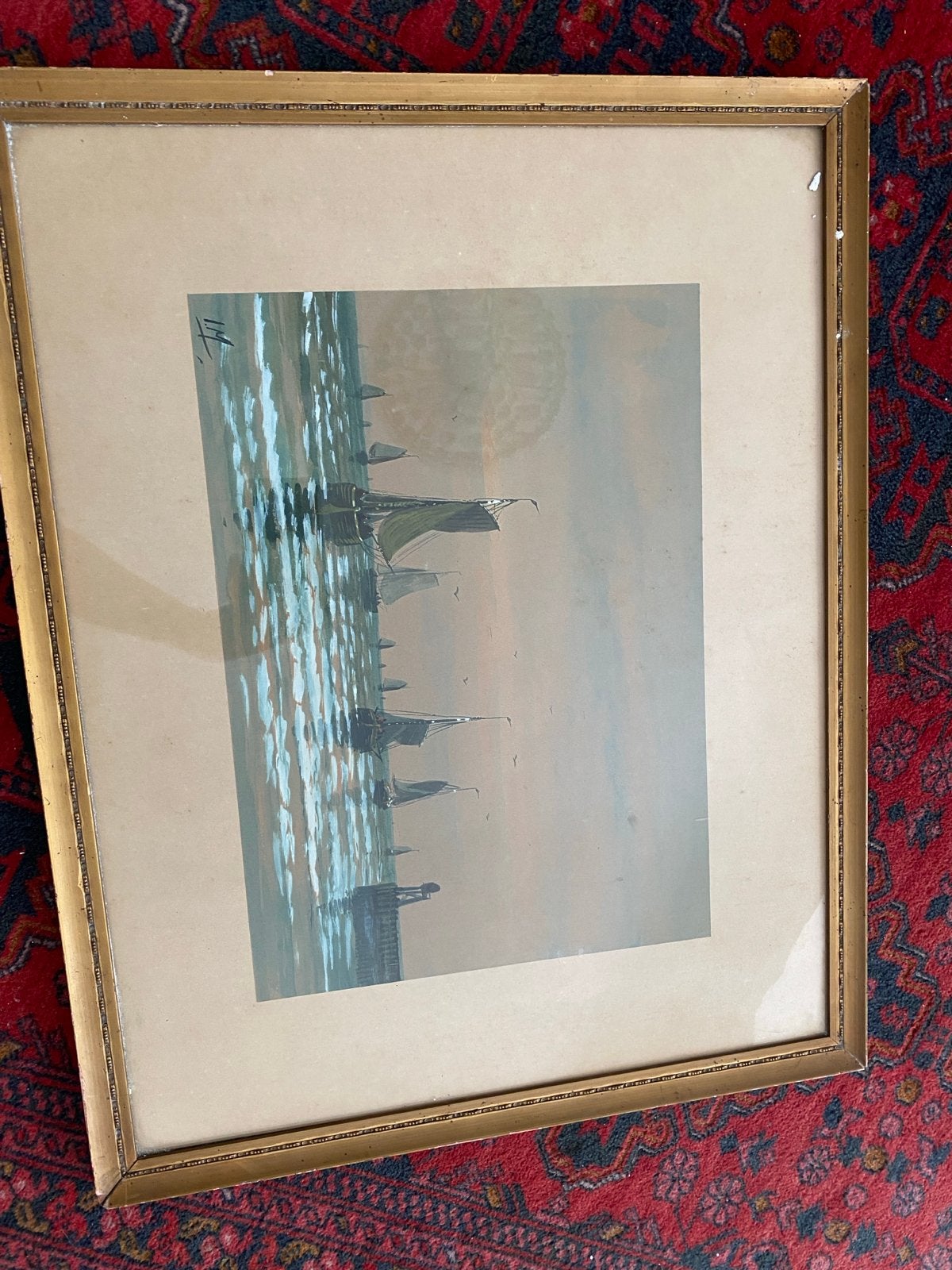 Maritiem schilderij met boten en havengezicht, Antiek en Kunst, Achter glas, Maritiem / water, Realistisch, Ophalen of Verzenden
