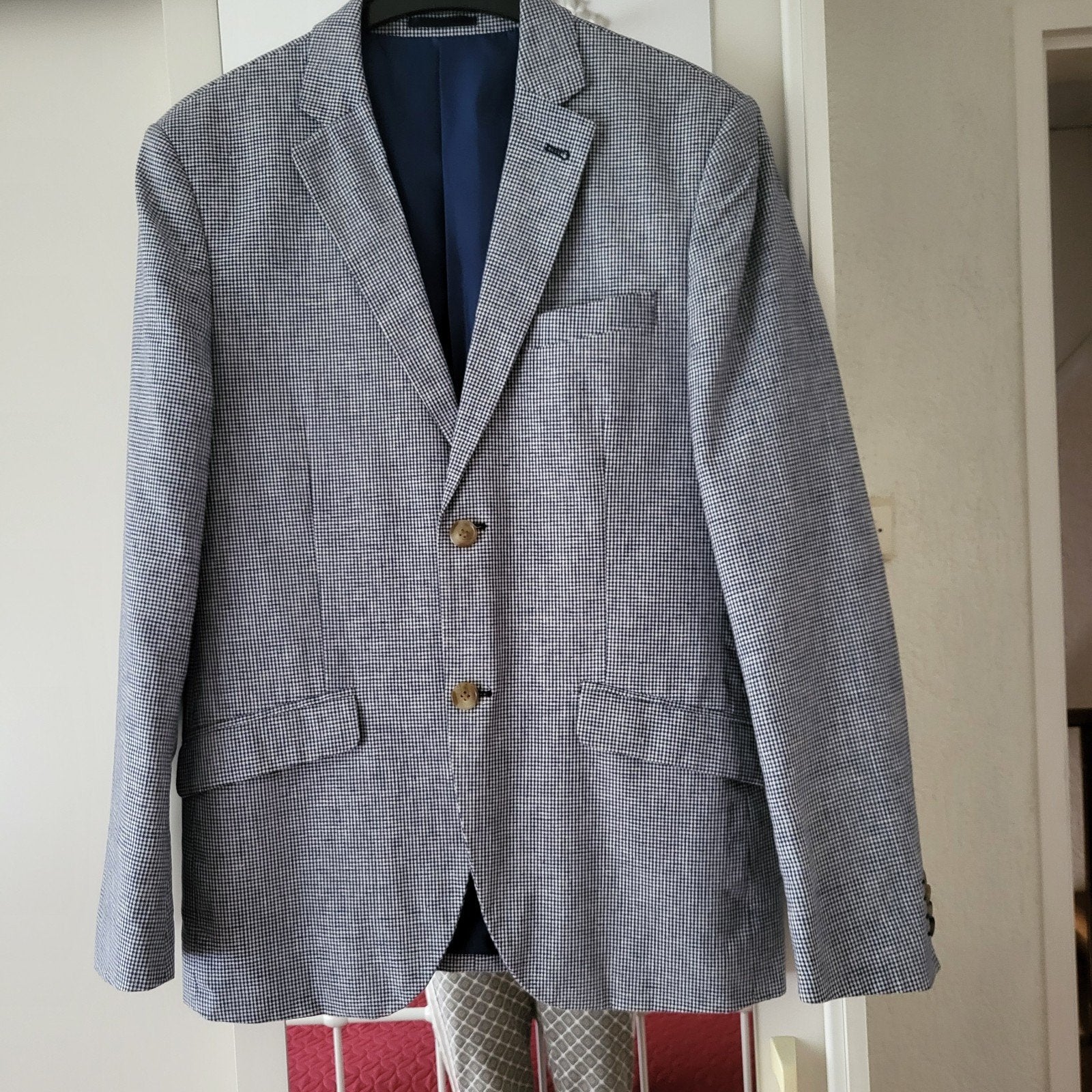 Heren Colbert Liv - Blauw/Wit Ruitje, Kleding | Heren, Liv, Ophalen of Verzenden, Gedragen, Maat 48/50 (M)