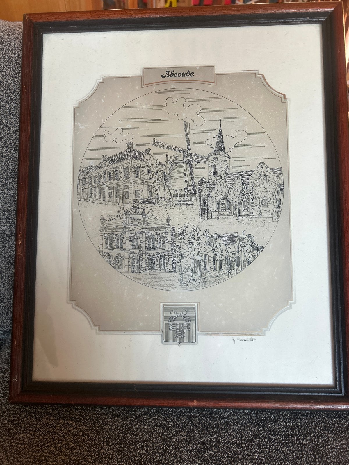Glas Gravure van Gerard Swaenepoel: dorpsgezicht Abcoude, Antiek en Kunst, 46 cm, 1950 - 1999, Ophalen of Verzenden, 38 cm