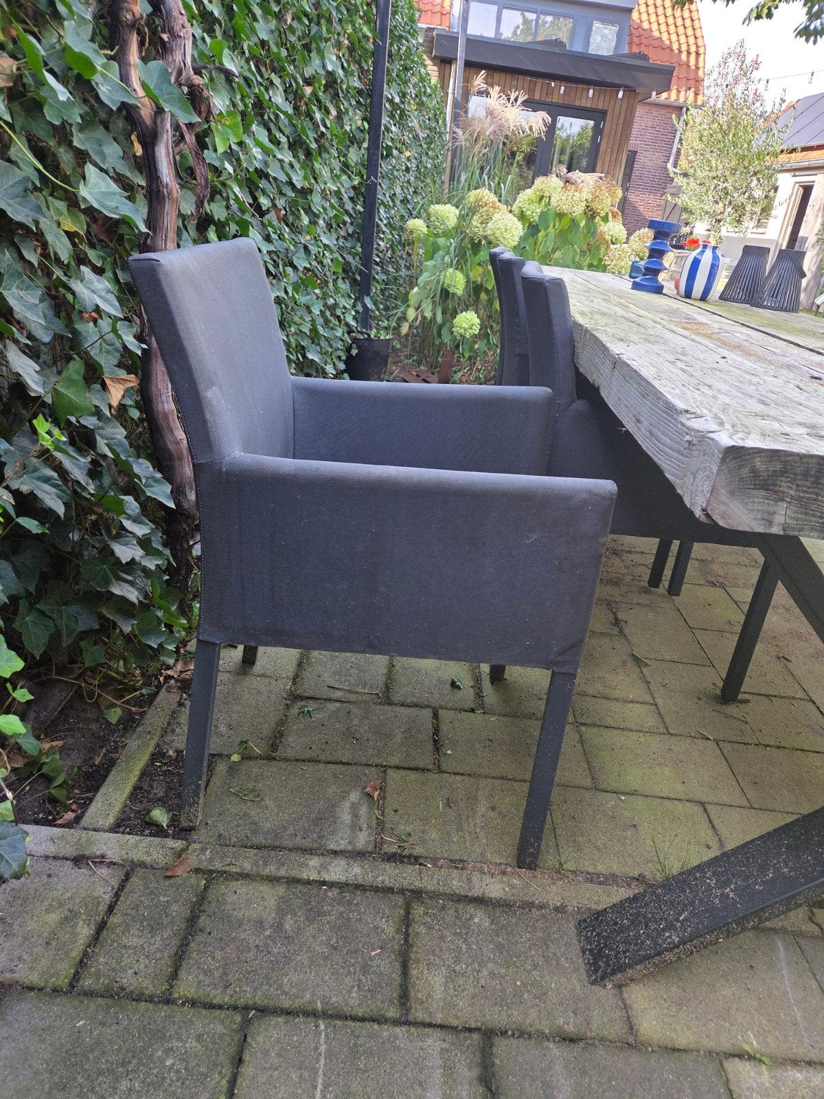 Robuuste houten(DOUGLAS) tuintafel met bank en 4 stoelen, Ophalen, Gebruikt, Rechthoekig, Hout