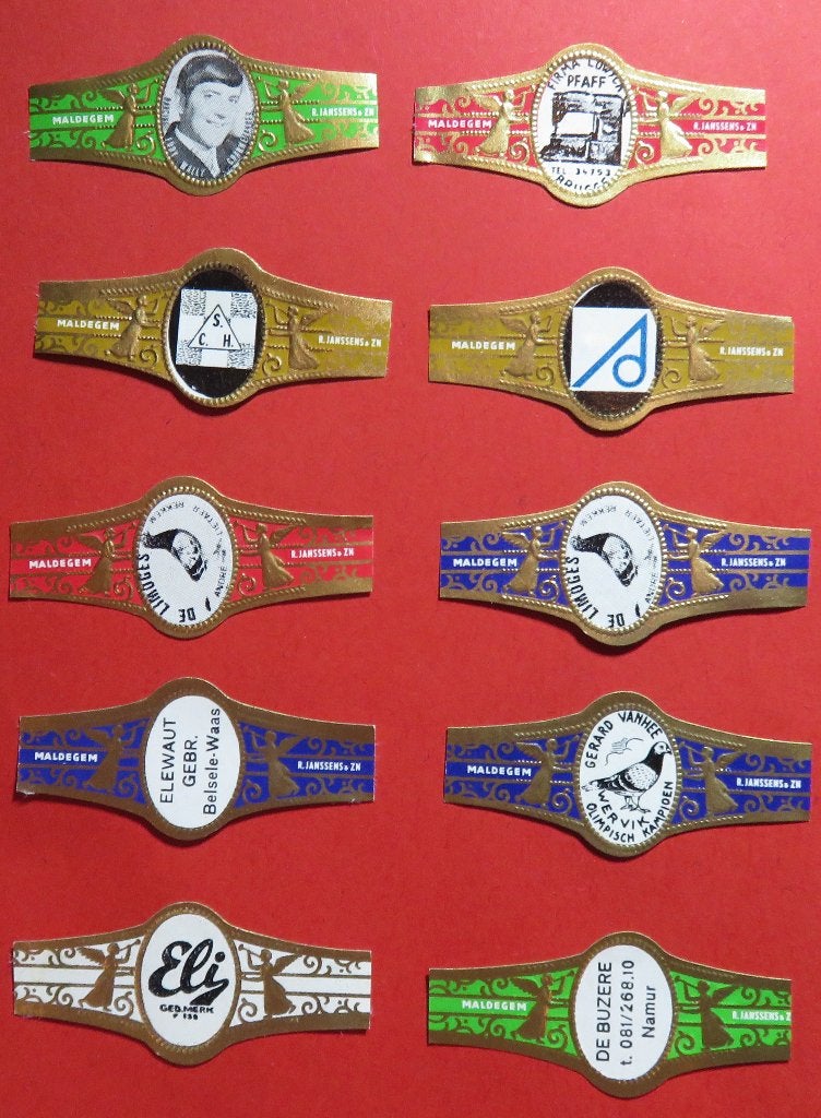 Sigarenbandjes reclamebandjes R.Janssens & Zn. 10x, Verzenden, Gebruikt, Sigarenbandjes
