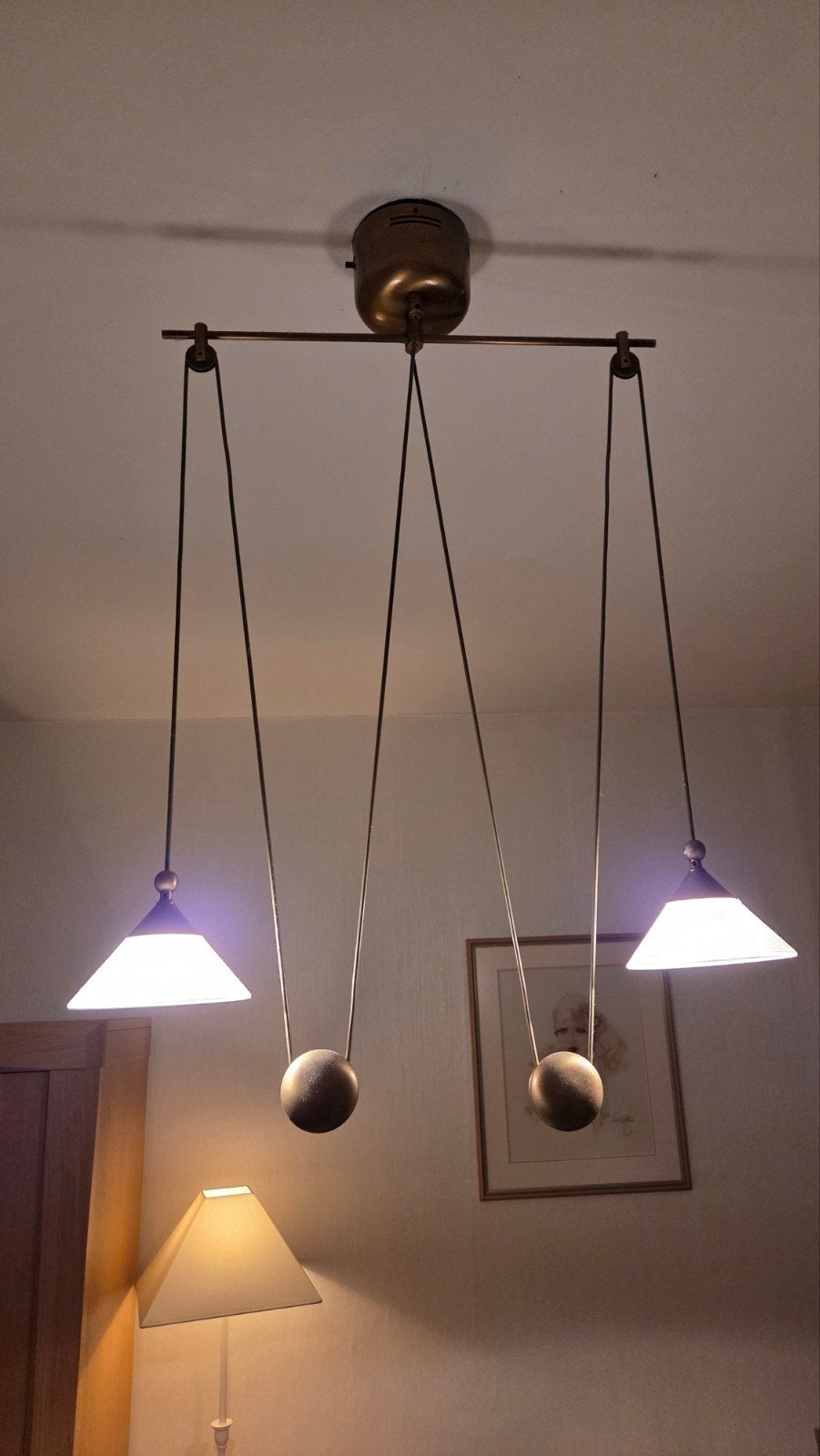 In hoogte verstelbare hanglamp met kelkjes (14 cm), Ophalen of Verzenden, Gebruikt, Glas, Klassiek, Verstelbaar