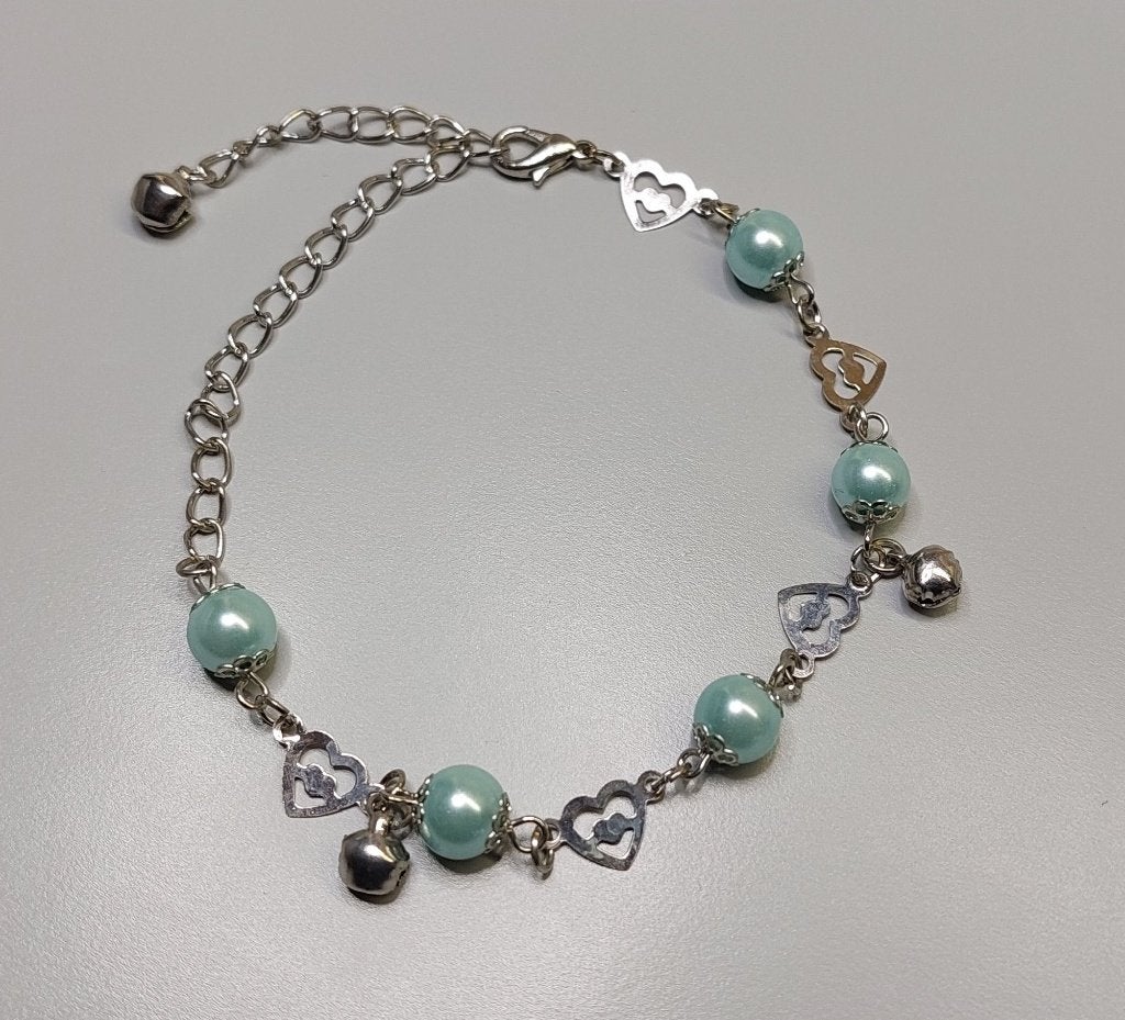 Enkelbandje, zilverkleurig, hartjes - turquoise kraal (9203), Verzenden, Nieuw, Overige materialen
