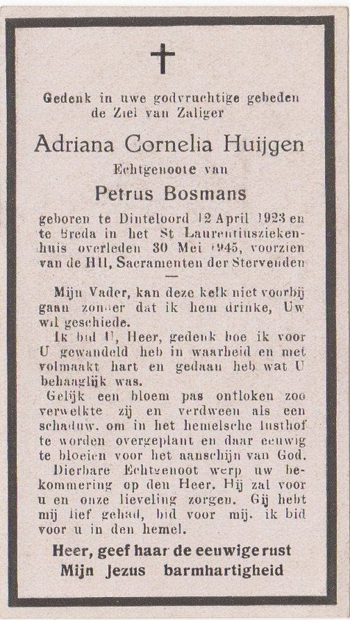 Adriana C. Huijgen 1923 Dinteloord + 1945 Breda, 22 jaar oud, Verzenden