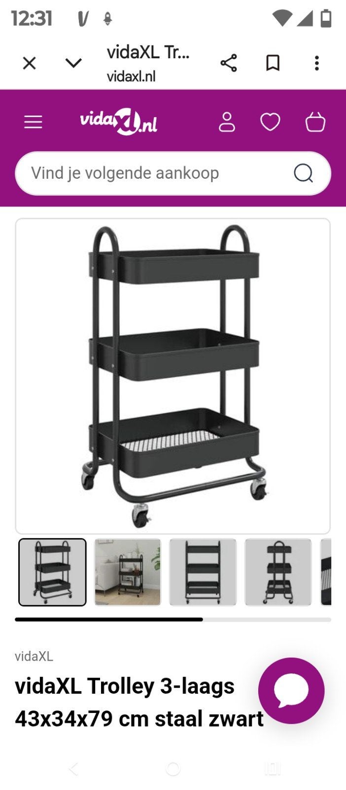 vidaXL Trolley 3-laags 43x34x79 cm staal zwart, Huis en Inrichting, Ophalen, Nieuw