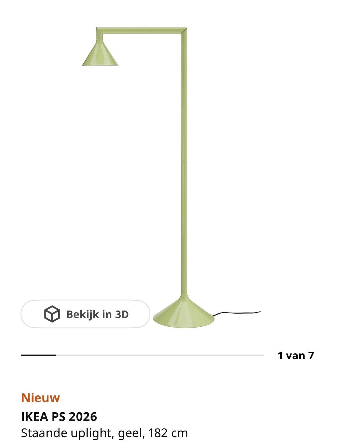 IKEA PS 2026 Staande uplight, geelgroen, 182 cm, Huis en Inrichting, Lampen | Vloerlampen, Ophalen, Nieuw, Overige fittingen, Metaal
