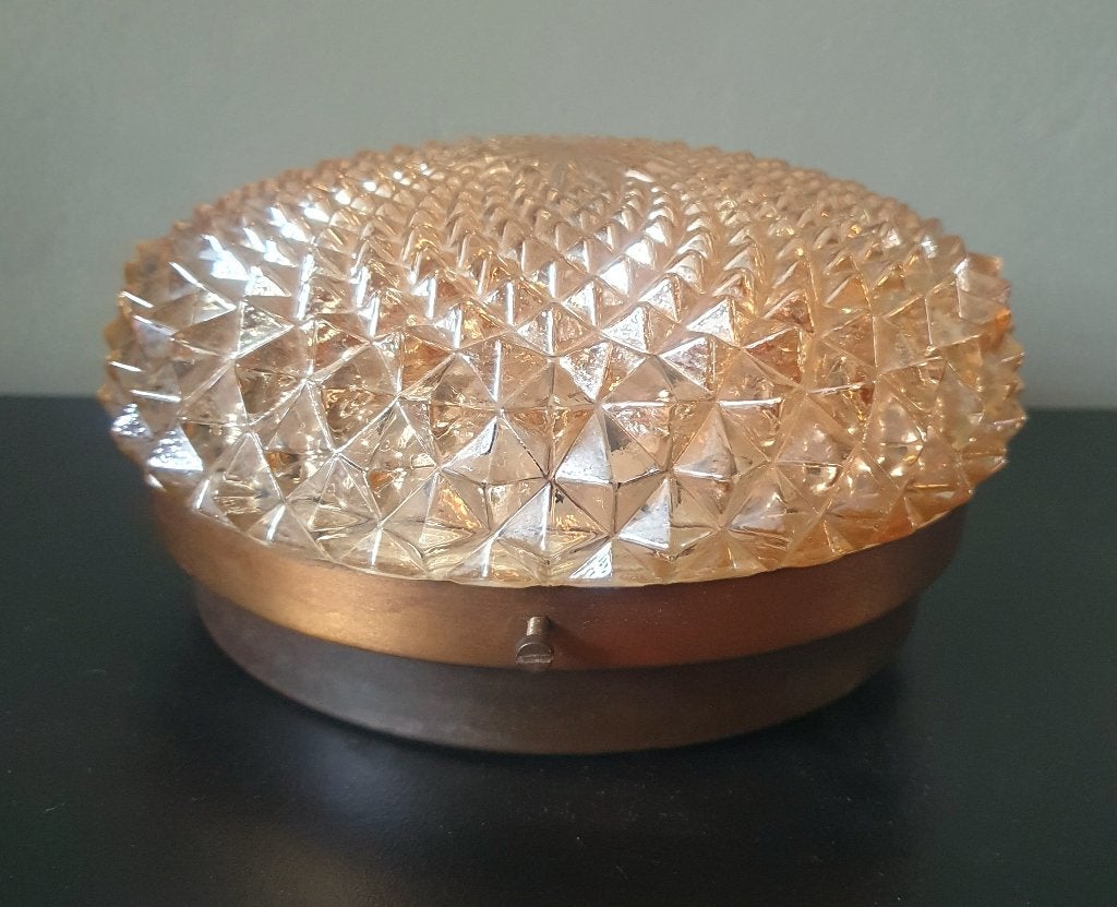 Vintage Amberkleurig Plafond/Wandlamp - Diamond Point, Gebruikt, Wandlamp, E27 (groot), Ophalen of Verzenden
