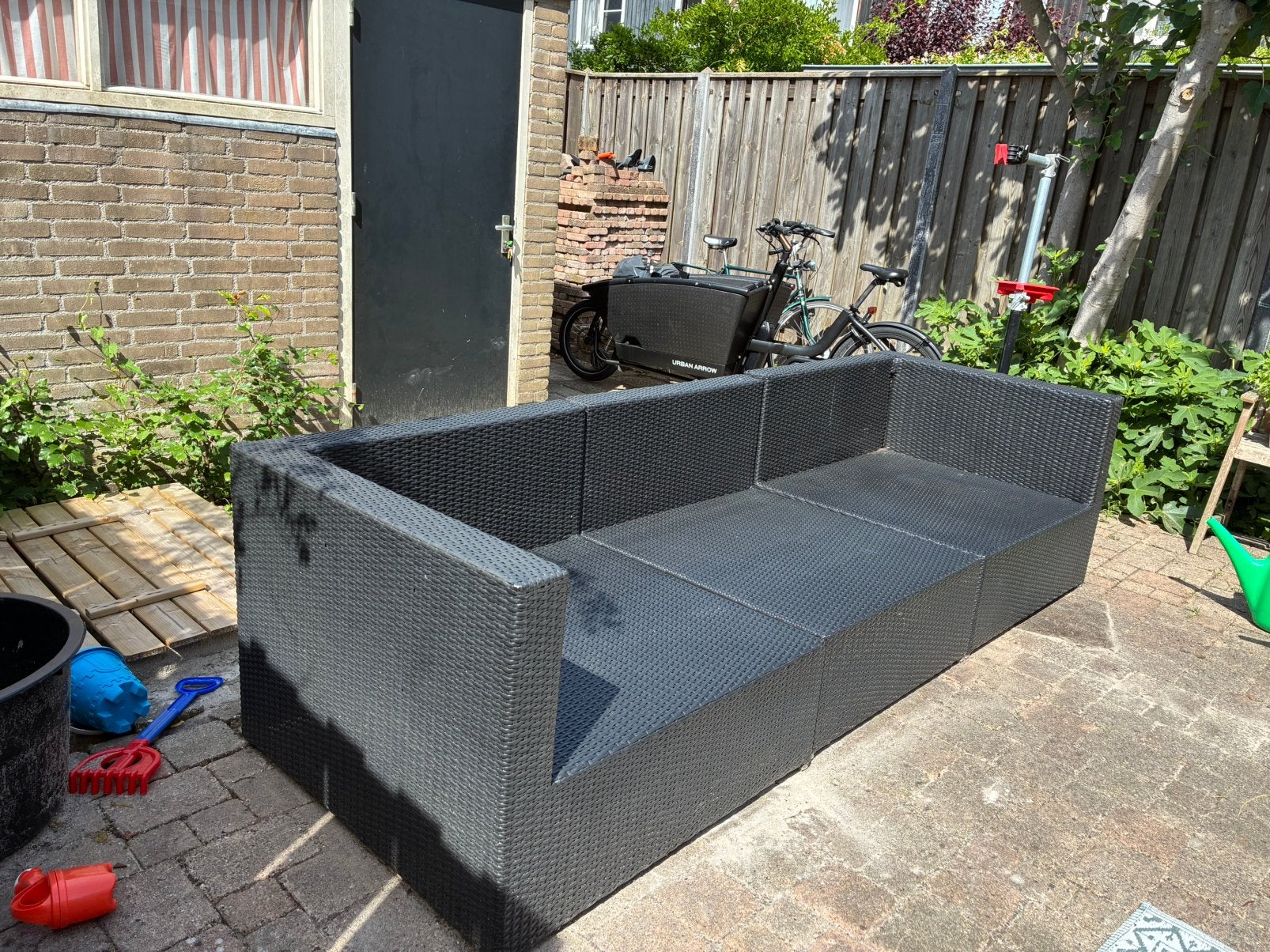 Tuinbank loungeset zwart gevlochten, Ophalen, Zo goed als nieuw, Kunststof