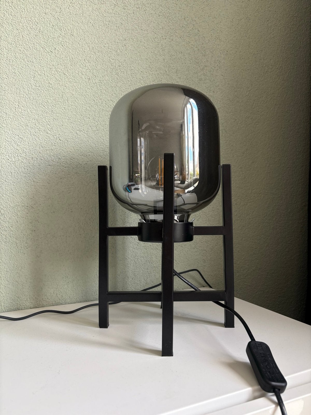 Tafellamp met rookglas en zwart metalen frame - 40cm, Zwart, Ophalen, Zo goed als nieuw, Glas