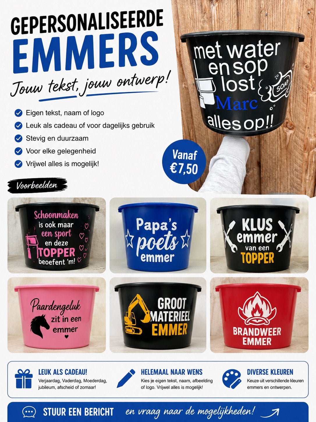 Gepersonaliseerde Emmer - Jouw Tekst, Jouw Ontwerp!, Ophalen of Verzenden, Nieuw, Kunststof, Met handgreep