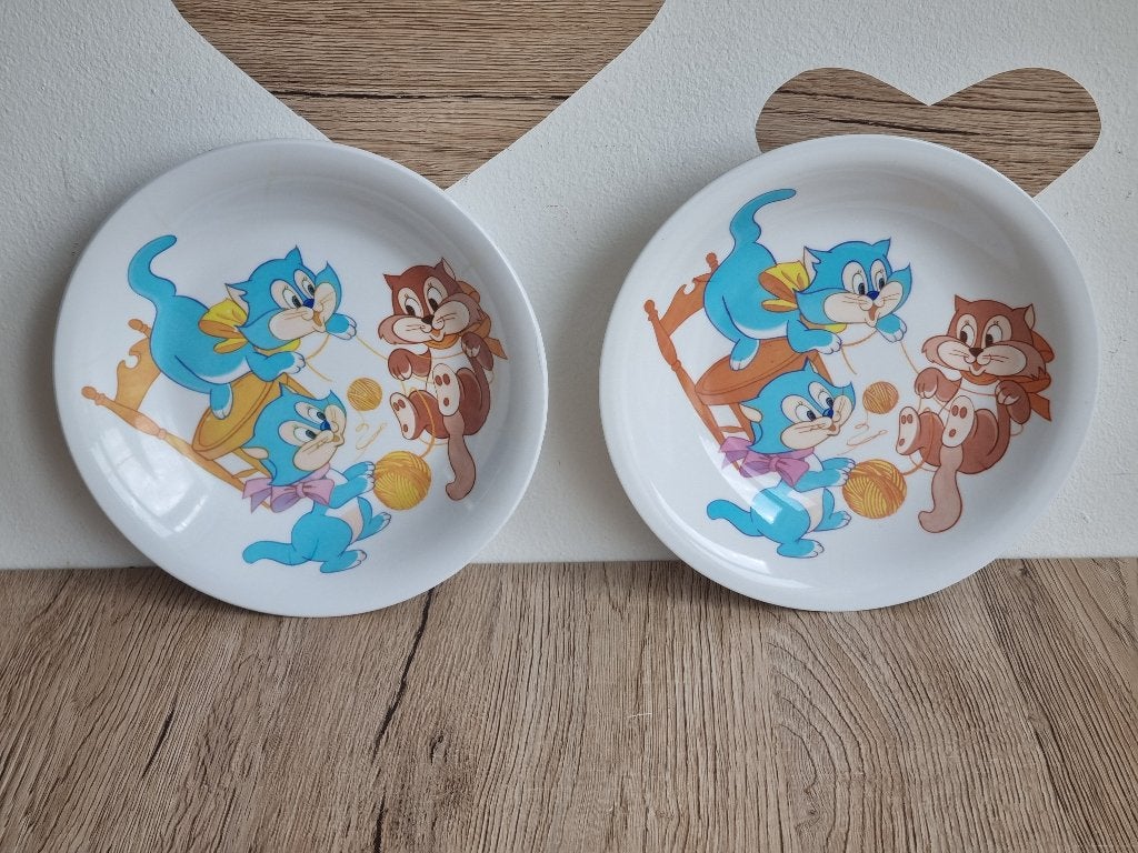 2 Mooie Zeldzame Vintage Kinder Kat Poes Borden melamine, Kunststof, Gebruikt, Overige merken, Verzenden