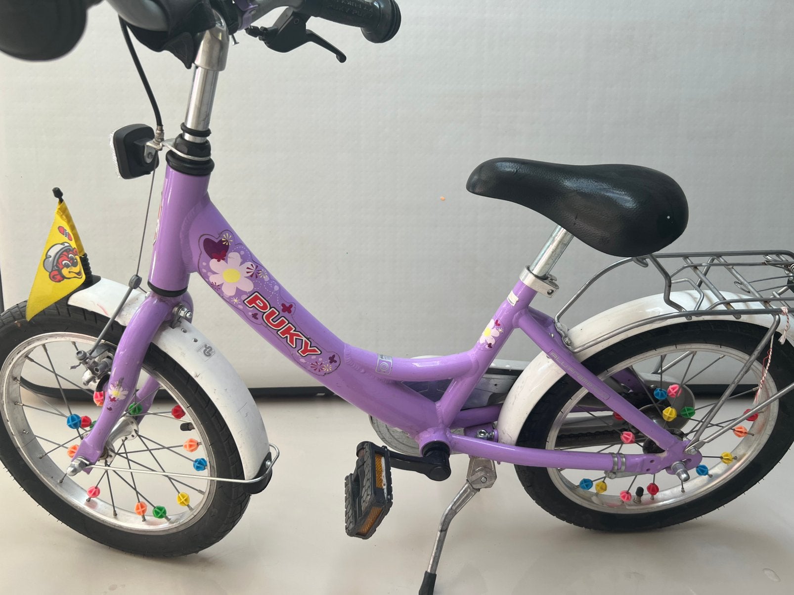Mooie Puky fiets, paars met bloemen, 16 inch banden, Ophalen, Zo goed als nieuw, 16 tot 20 inch