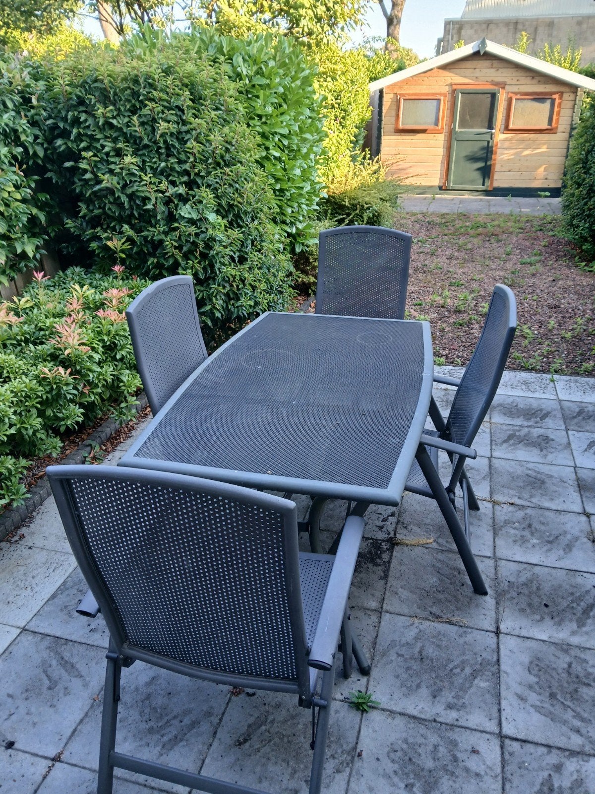 Grijze tuinset met 4 stoelen en tafel, Ophalen, 4 zitplaatsen, Gebruikt, Aluminium