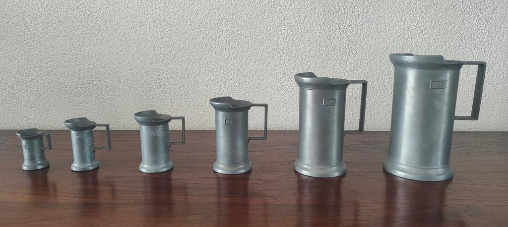 Set van 6 Peltrato tinnen maatbekers - Vintage, Antiek en Kunst, Ophalen of Verzenden