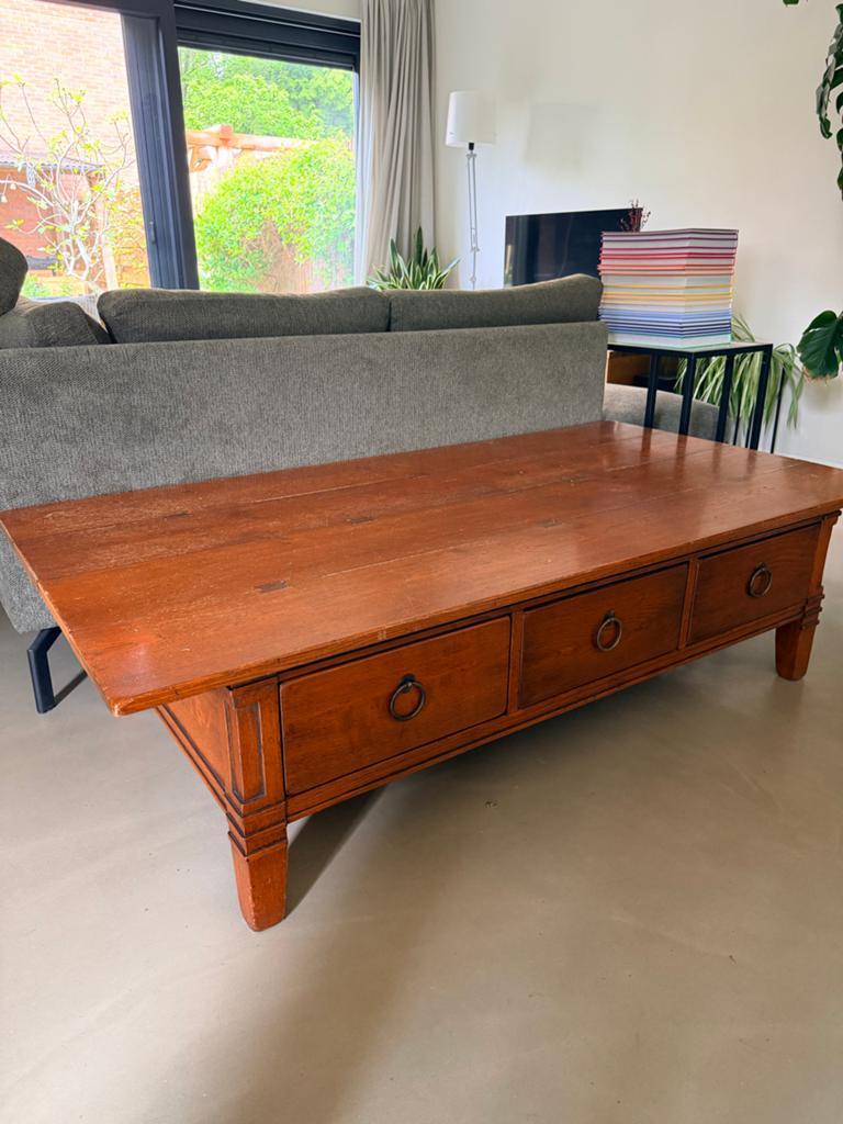 Houten salontafel met 3 lades, Huis en Inrichting, Tafels | Salontafels, Ophalen, Gebruikt, 50 tot 100 cm, 150 tot 200 cm