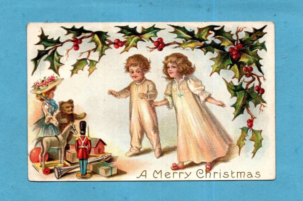 Mooie oude kerstkaart/reliéf W552 - Kinderen en hun kado's, Verzamelen, Ophalen of Verzenden, Voor 1920, Gelopen, Feest(dag)