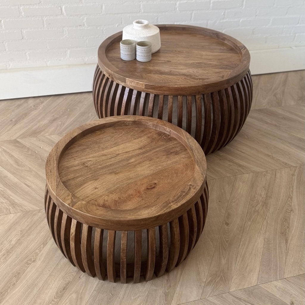 Magazijn Leegverkoop Set 2 ronde salontafels Curve mangohout, Hout, Nieuw, Ophalen of Verzenden, Info@wkhome.nl