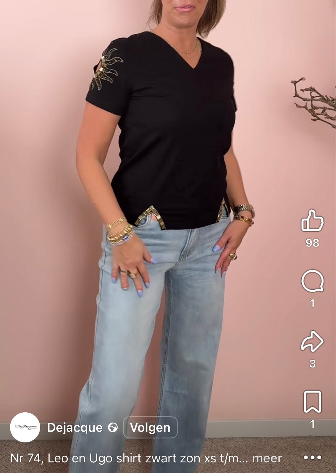 Leo & Ugo shirt met gouden details, maat S, Zwart, Ophalen of Verzenden, Zo goed als nieuw, Korte mouw