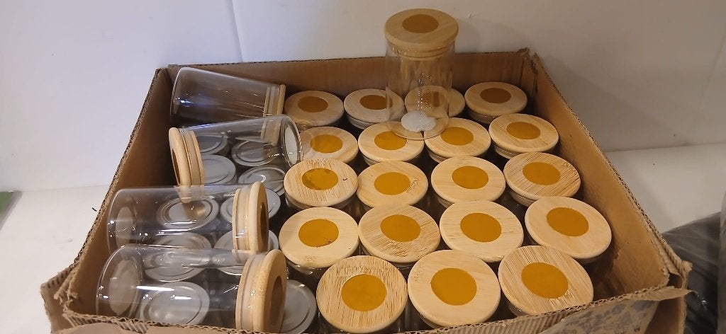 Glazen potjes met houten deksel - Kruiden & Knutselen, Huis en Inrichting, Ophalen, Glas, Zo goed als nieuw, Voorraadpot
