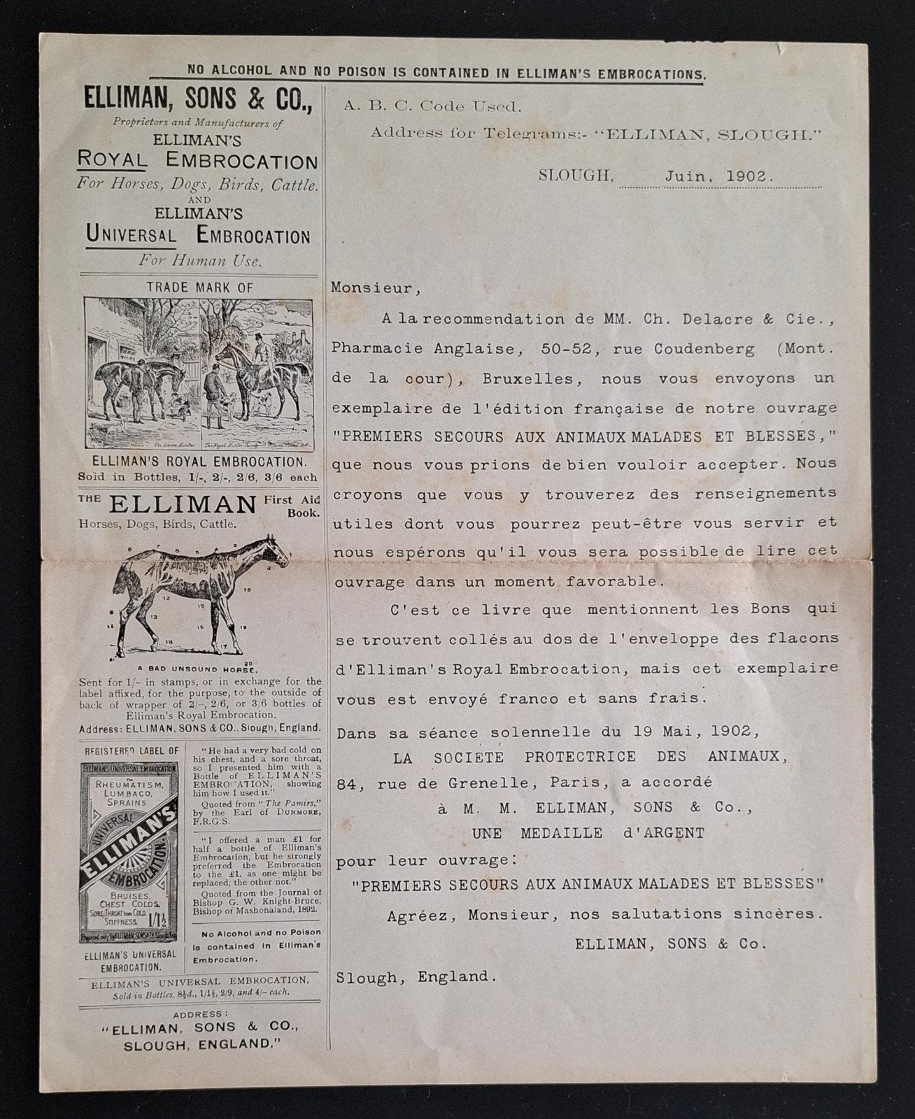 Historisch Elliman's Embrocation advertentie/brief 1902, Ophalen of Verzenden, Gebruikt