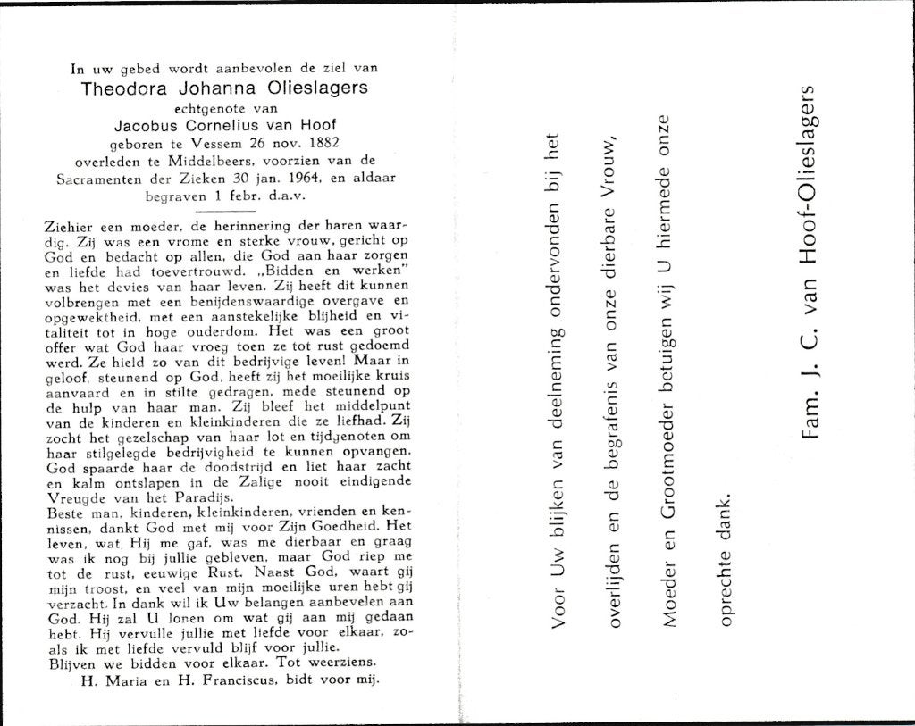 Olieslagers 1Theodora 1882 Vessem 1964 Middelbeers, Ophalen of Verzenden, Bidprentje